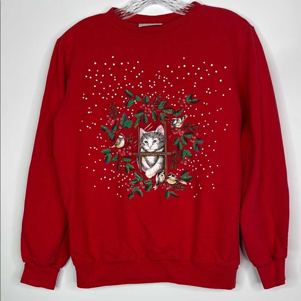 Vintage Blair Christmas Cat Red Crewneck Sweatshirt Size Medium